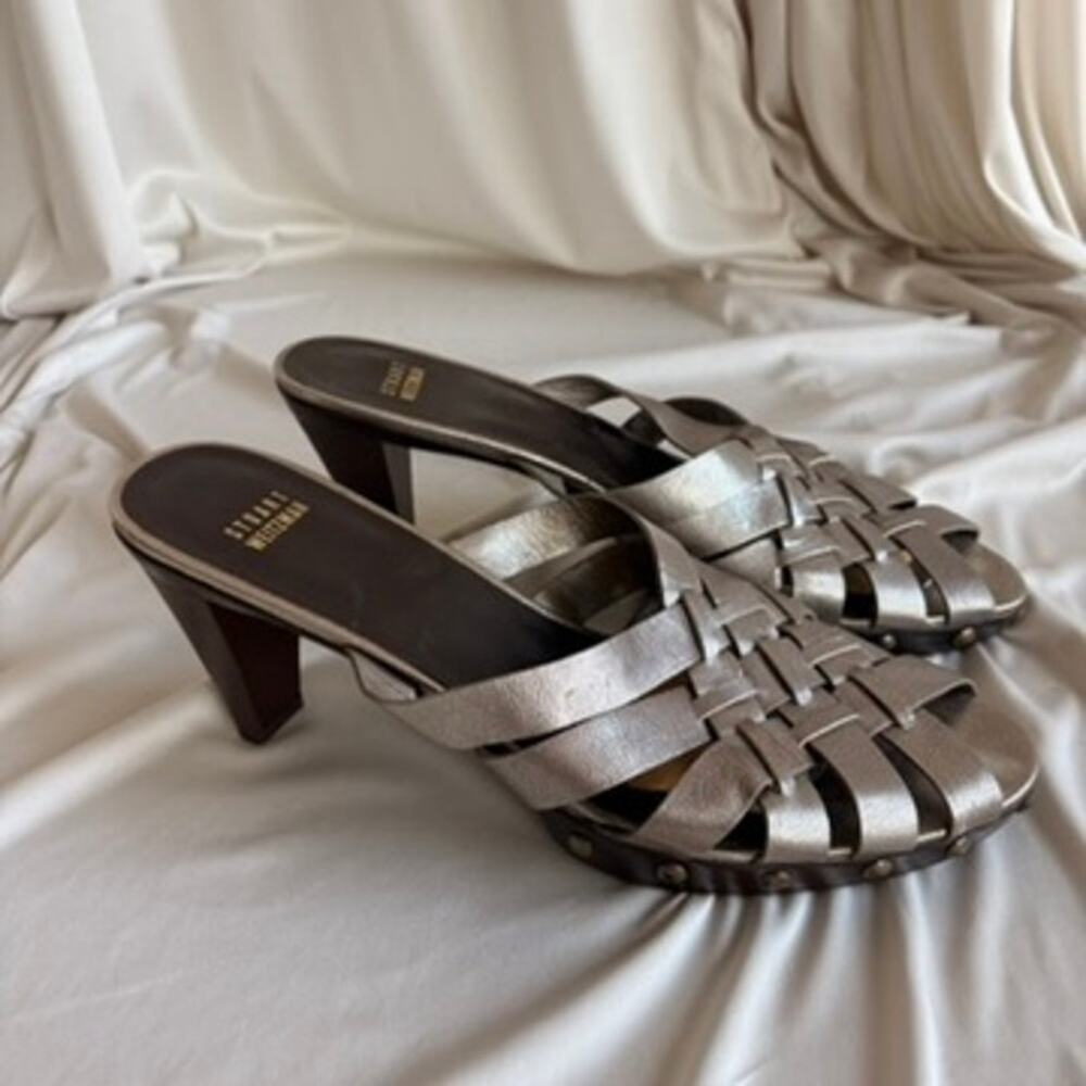 Stuart Weitzman Metallic Woven Mules - Studded Wooden Sole, Platform, Size 10